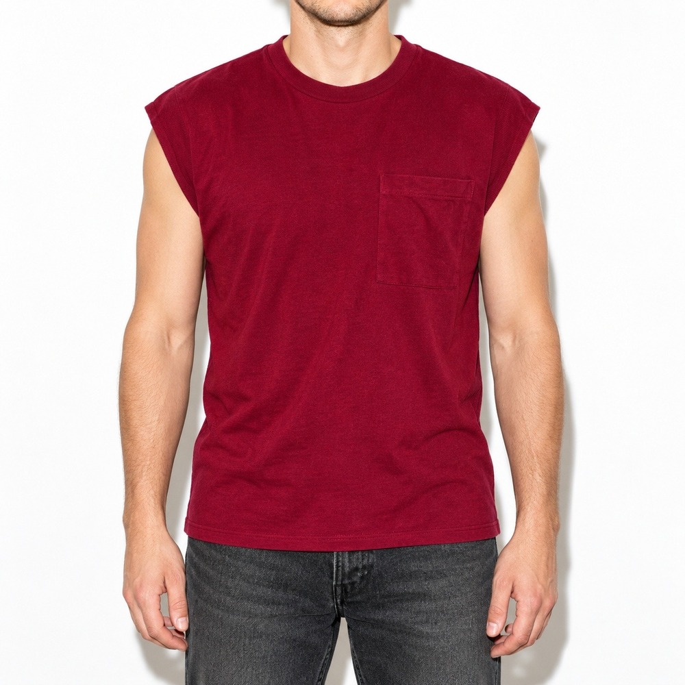 80s Vintage Fruit of the Loom Muscle Tee Mens S M Dark Red Pocket Shirt Plain